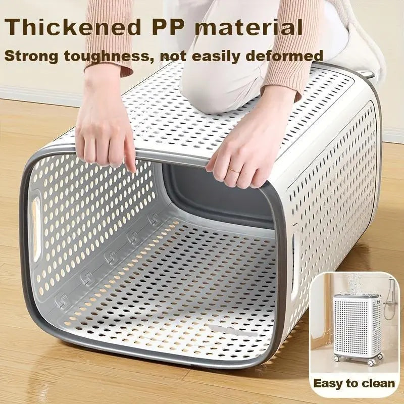 Wheeled Laundry Hamper with Lid in White and Gray, Breathable Odor-Proof Rolling Clothes Storage Bin; Check SKU Images for Exact Sizes, Assembly Instructions Offered on Main Image and Product Description