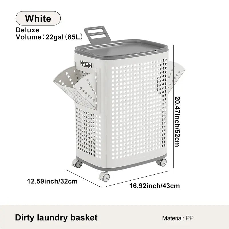 Wheeled Laundry Hamper with Lid in White and Gray, Breathable Odor-Proof Rolling Clothes Storage Bin; Check SKU Images for Exact Sizes, Assembly Instructions Offered on Main Image and Product Description