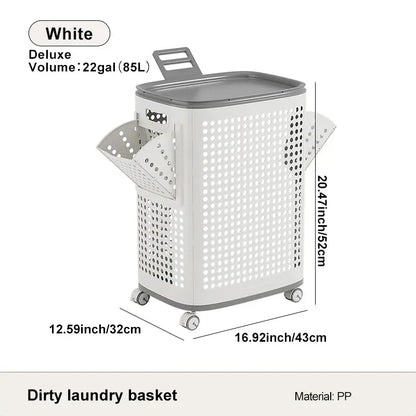 Wheeled Laundry Hamper with Lid in White and Gray, Breathable Odor-Proof Rolling Clothes Storage Bin; Check SKU Images for Exact Sizes, Assembly Instructions Offered on Main Image and Product Description
