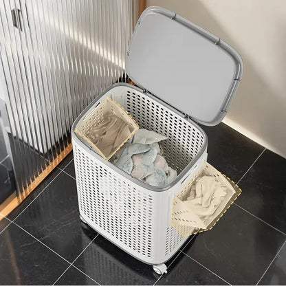 Wheeled Laundry Hamper with Lid in White and Gray, Breathable Odor-Proof Rolling Clothes Storage Bin; Check SKU Images for Exact Sizes, Assembly Instructions Offered on Main Image and Product Description