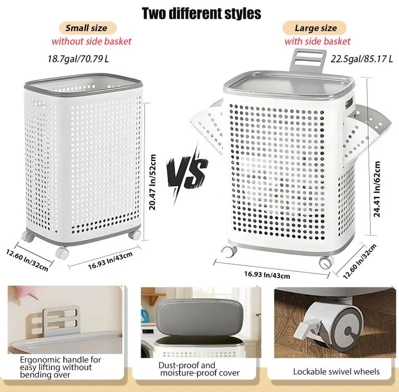 Wheeled Laundry Hamper with Lid in White and Gray, Breathable Odor-Proof Rolling Clothes Storage Bin; Check SKU Images for Exact Sizes, Assembly Instructions Offered on Main Image and Product Description
