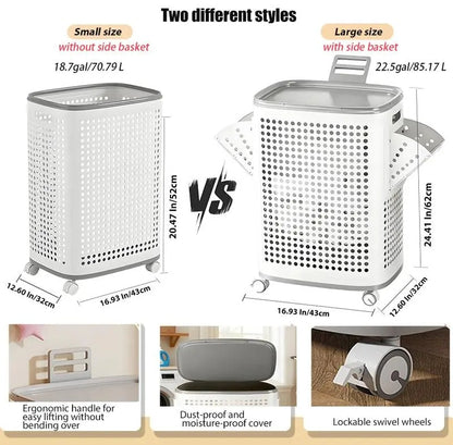 Wheeled Laundry Hamper with Lid in White and Gray, Breathable Odor-Proof Rolling Clothes Storage Bin; Check SKU Images for Exact Sizes, Assembly Instructions Offered on Main Image and Product Description
