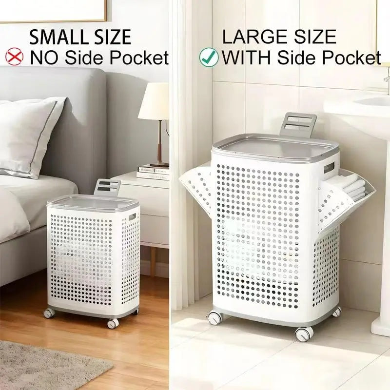Wheeled Laundry Hamper with Lid in White and Gray, Breathable Odor-Proof Rolling Clothes Storage Bin; Check SKU Images for Exact Sizes, Assembly Instructions Offered on Main Image and Product Description