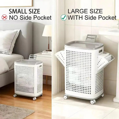 Wheeled Laundry Hamper with Lid in White and Gray, Breathable Odor-Proof Rolling Clothes Storage Bin; Check SKU Images for Exact Sizes, Assembly Instructions Offered on Main Image and Product Description