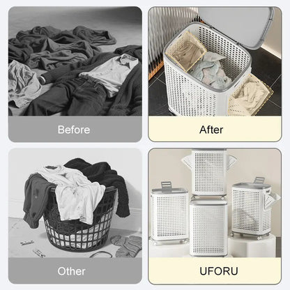 Wheeled Laundry Hamper with Lid in White and Gray, Breathable Odor-Proof Rolling Clothes Storage Bin; Check SKU Images for Exact Sizes, Assembly Instructions Offered on Main Image and Product Description