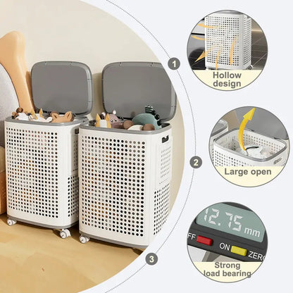Wheeled Laundry Hamper with Lid in White and Gray, Breathable Odor-Proof Rolling Clothes Storage Bin; Check SKU Images for Exact Sizes, Assembly Instructions Offered on Main Image and Product Description