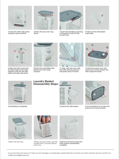 Wheeled Laundry Hamper with Lid in White and Gray, Breathable Odor-Proof Rolling Clothes Storage Bin; Check SKU Images for Exact Sizes, Assembly Instructions Offered on Main Image and Product Description
