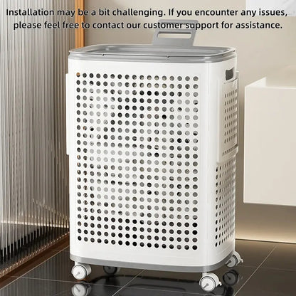 Wheeled Laundry Hamper with Lid in White and Gray, Breathable Odor-Proof Rolling Clothes Storage Bin; Check SKU Images for Exact Sizes, Assembly Instructions Offered on Main Image and Product Description